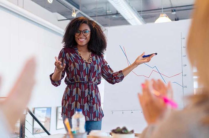 Woman presenting line graph to clapping team